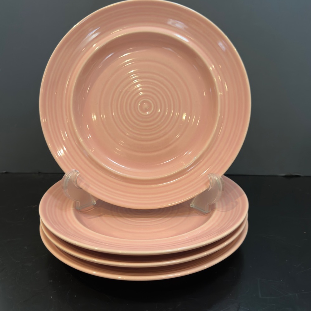 4 Signature Carnivale  Rose Pink 8” Plates Embossed Rings Stoneware Japan Set 4